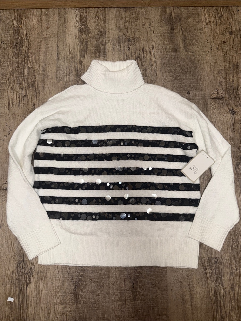 White Turtleneck Sweater with Black Sequin Stripes